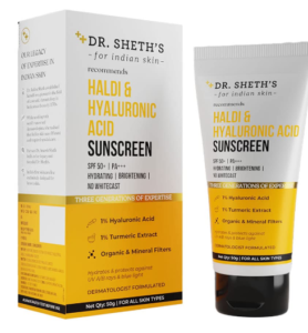 Dr. Sheth's Haldi & Hyaluronic Corrosive Sunscreen with 1% Hyaluronic Corrosive & 1% Turmeric Extricate | Spf 50+ | Dad+++ | Hydrating & Brightening
