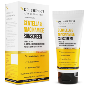 Dr. Sheth's Centella & Niacinamide Sunscreen Spf 50 Dad+++ For Sleek & Acne-Prone Skin, Sweatproof, Water-Resistant, Dry Touch, Matte Controls Abundance Oil, Ensures Against Uva & Uvb Beams For Unisex