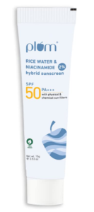 Plum Niacinamide & Rice Water Crossover Confront Sunscreen with SPF 50 Dad+++ | Ensures & Brightens Skin | No White Cast | Decreases Imperfections | UVA & UVB Assurance | All Skin Sorts