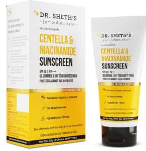 Dr. Sheth's Centella & Niacinamide Sunscreen Spf 50 Dad+++ For Sleek & Acne-Prone Skin, Sweatproof, Water-Resistant, Dry Touch, Matte Controls Abundance Oil, Secures Against Uva & Uvb Beams For Unisex